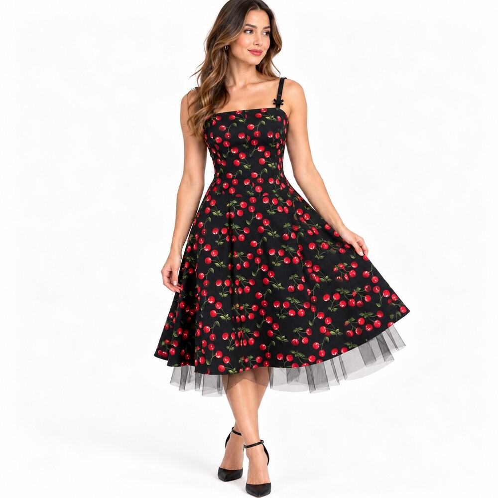 Super Low Fat XS Black Cherry Print Fit & Flare Dress Tulle Hem Made in USA